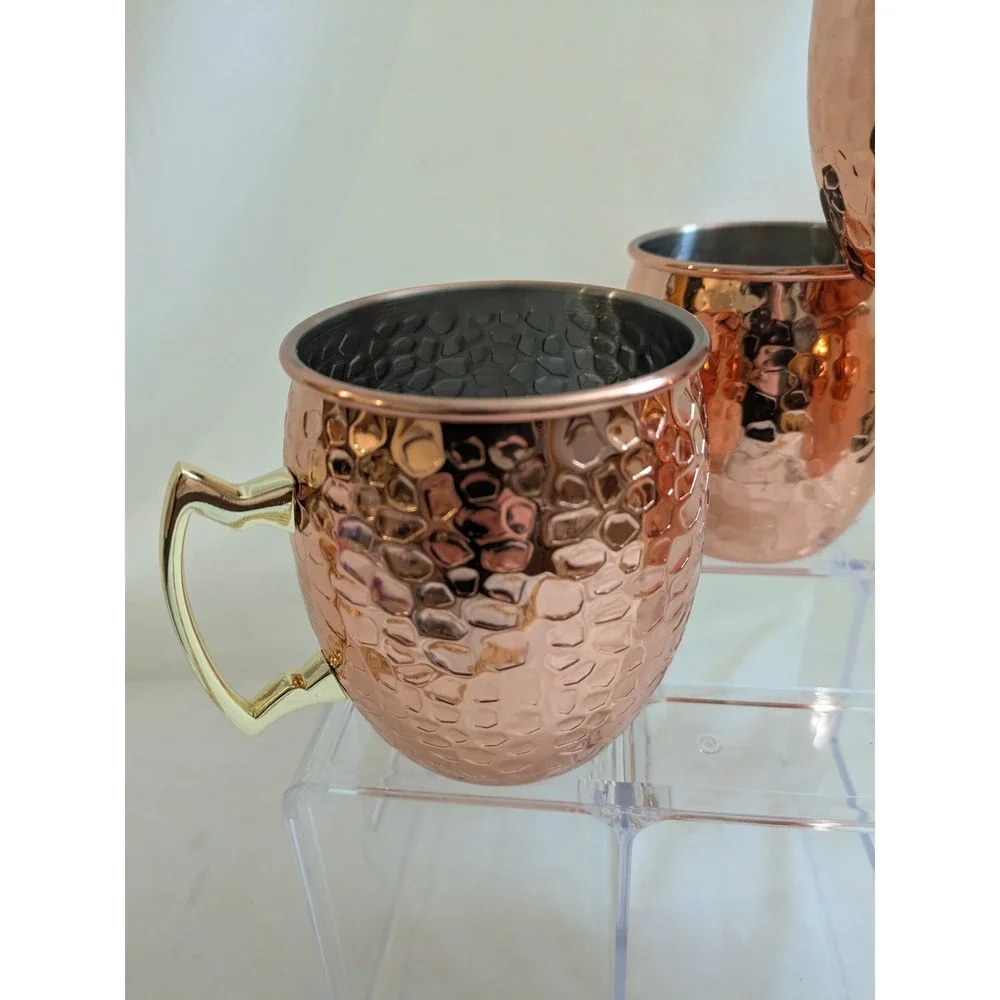 NEW 4‎ Hammered Copper Moscow Mule Mugs 16oz Stainless Steel Lined Gold Handle
